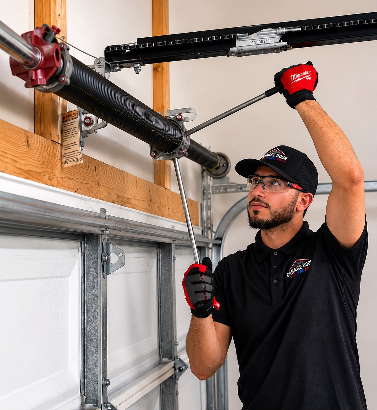 Garage Door Pro technician repairing torsion spring system on residential garage door in Charlotte NC